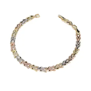 14K Gold Plated Tri-Color Chevron Link Bracelet Diamond Cut Luxury Style 7” with Extension to 7.5”