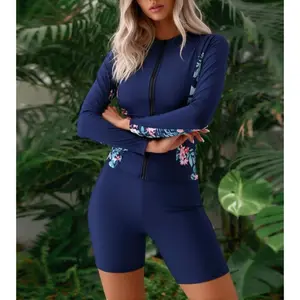 Sexy Women Bikini Set High Waist Swimsuit Two Piece Beachwear Summer Bathing Suit,Navy Blue Floral Print Two Piece Rash Guard | Long Sleeve Zip Up Swim Top with Women Shorts Bottoms