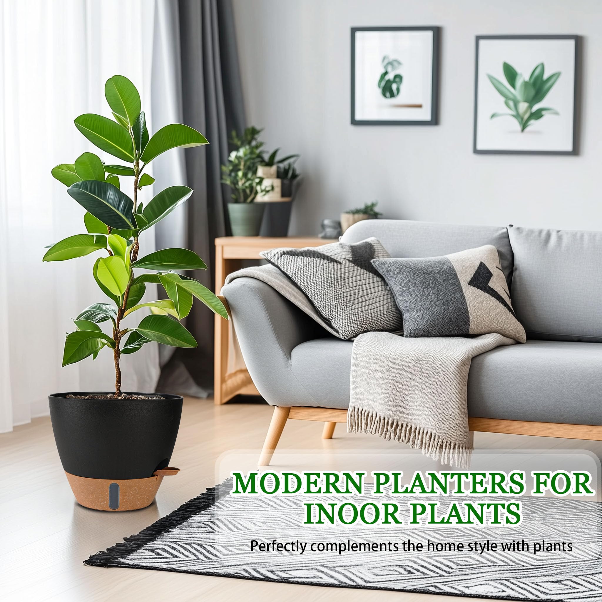 3 Pack Self Watering Pots for Indoor & Outdoor Plants, Large Plastic Planter with Drainage Holes, Water Level Indicator & Deep Reservoir, Modern Decorative Flower Pots