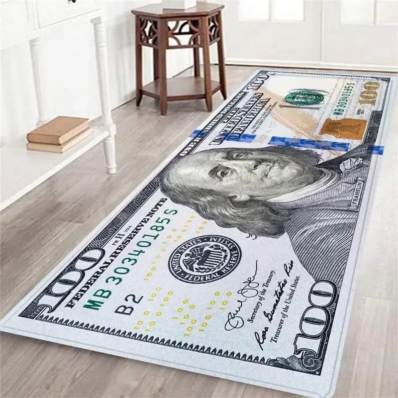 Washable $100 Bill Design Non-Slip Rubberback Modern Runner Rug for Hallway, Kitchen, Bedroom, Multicolor, 50 x 150 cm