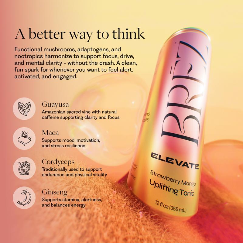 BREZ Social Tonic Variety Pack - Functional Beverages with Mushrooms Adaptogens & Nootropics - Vegan Non-GMO Gluten-Free - 12oz - Lemon Elderflower, Strawberry Mango, Cherry Chamomile Flavors