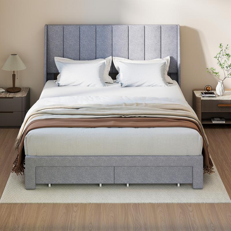 Upholstered Bed Frames With 2 Storage Drawers，Channel Tufted Headboard,Fabric Wrapped Legs,Elegant Platform Bed With Ample Underbed Storage
