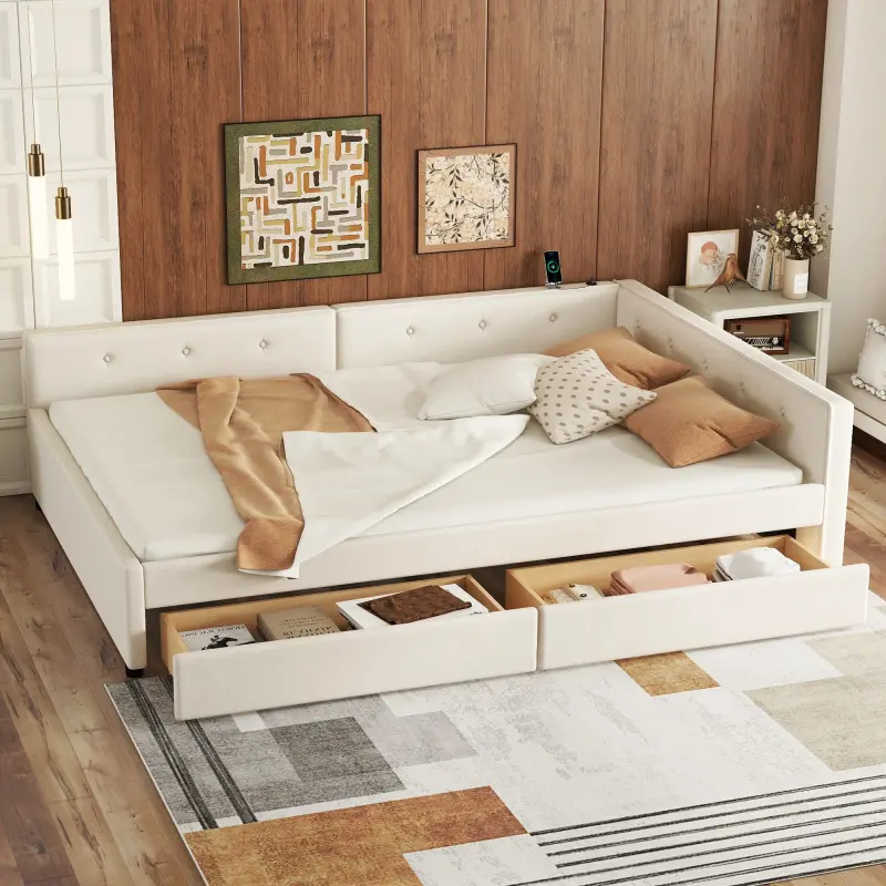 Upholstered Full Size L-Shaped Corner Bed Frame with Full Size Mattress Compatibility, Storage Drawers, USB Ports, Solid Slats Support, Floor Daybed for Teens and Adults, Beige
