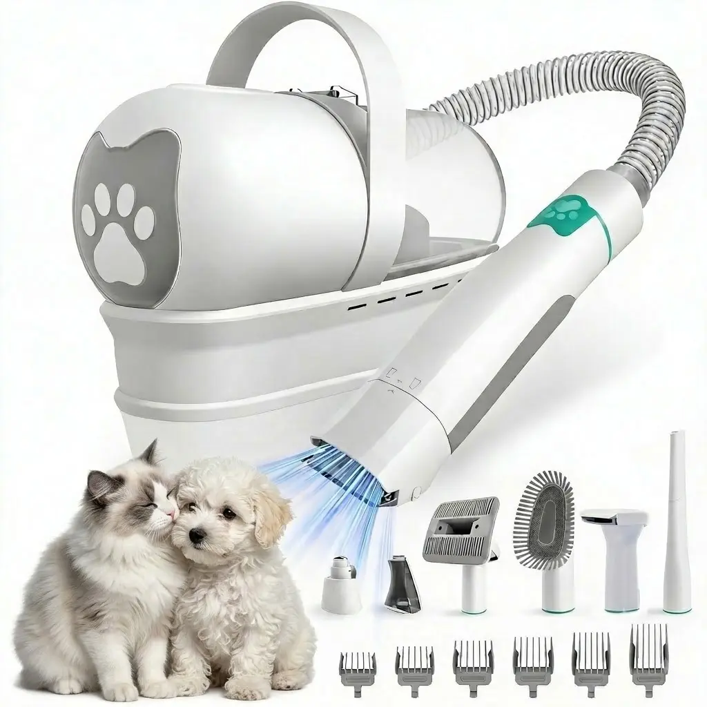 Pet Hair Clipper Set with Vacuum, 7-in-1 Cat & Dog Trimmer for Grooming, Paw Shear, Nail Polisher & 6 Guard Combs