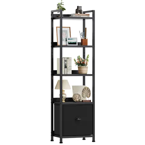 Sweetcrispy Rustic Corner Bookshelf - Tall Narrow Wood-Metal Layered Shelf with Removable Fabric Drawer, Compact Design Furniture for Small Spaces, Slim Indoor Decor for Living Room & Nursery, Shelves for Bedroom