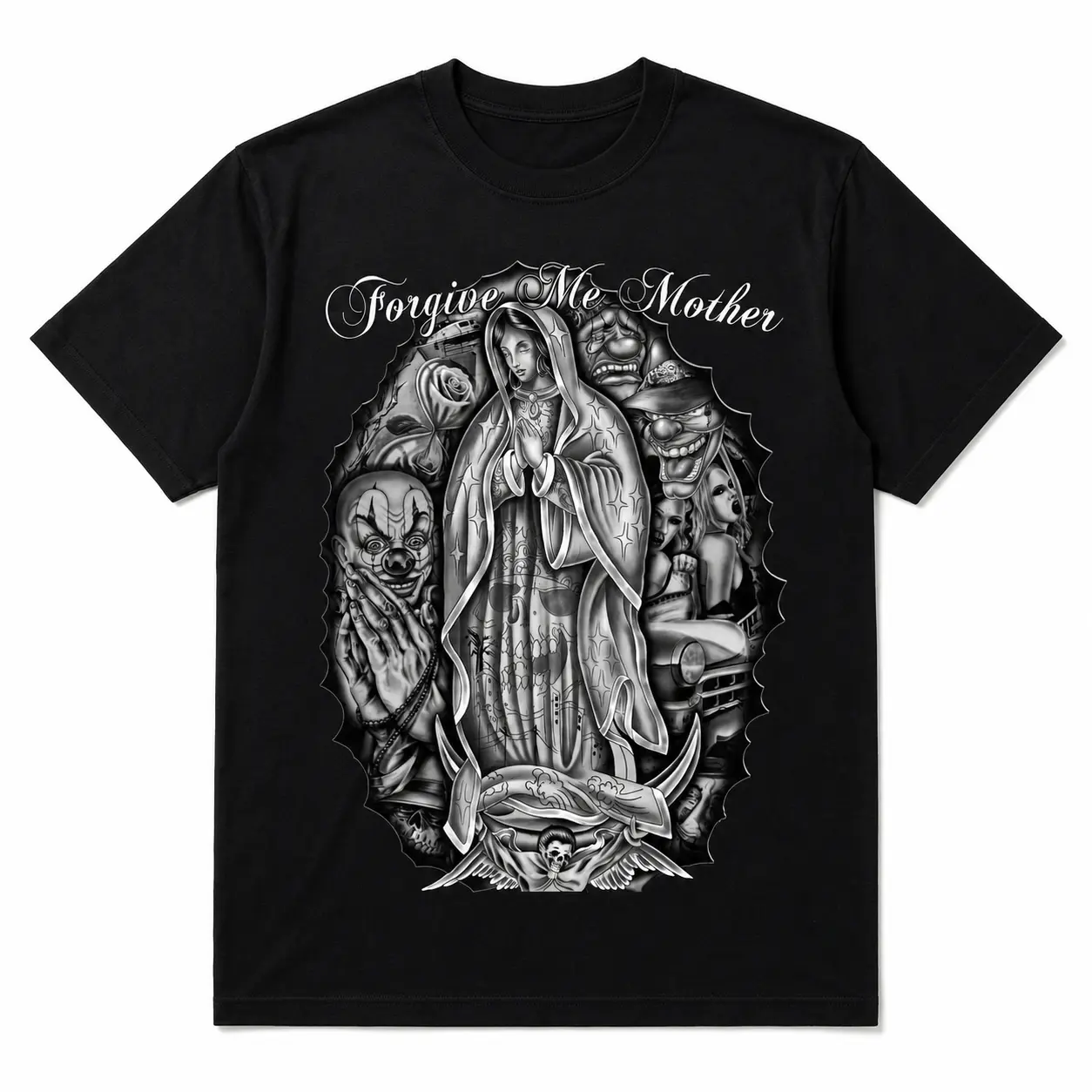 Men's Clothing Graphic T-Shirt, Chicano 'Forgive Me Mother' Print, Cotton Streetwear Top with Round Neck for Daily Wear, Fashion, Casual, Graphic Tee, Mens Clothing, Shortsleeve, Tshirt, Streetwear Clothing