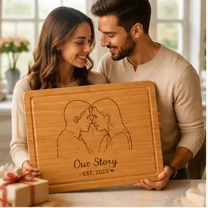 Personalized Engraved Bamboo Cutting Board with Couple Portrait, Custom Line Art Photo Kitchen Chopping Board, Unique Anniversary & Wedding Gift for Couple