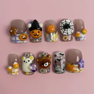 S227 Kawaii Halloween Press-On Nails, 3D Pumpkin Witch & Candy Charms, Creepy Cute Handmade Nail Set, Spooky Party Vibes, Solana Nails Town