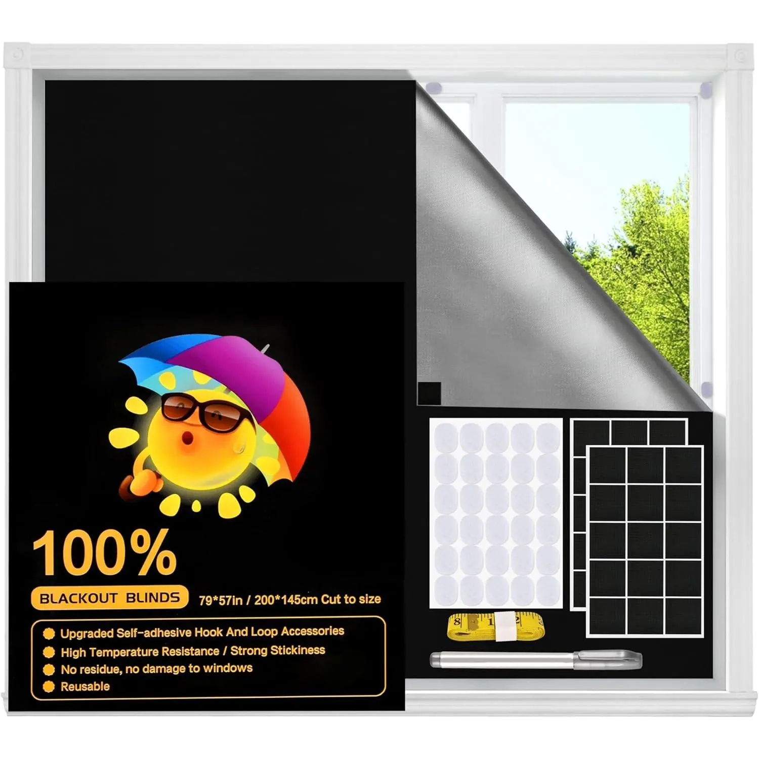 Blackout Window Cover, Upgraded Hook and Loop - Portable Shades No  and Longer Lasting,  Blackout Blinds for Window 79? x 57?, Black Out Curtains for Bedroom and  Room 2m