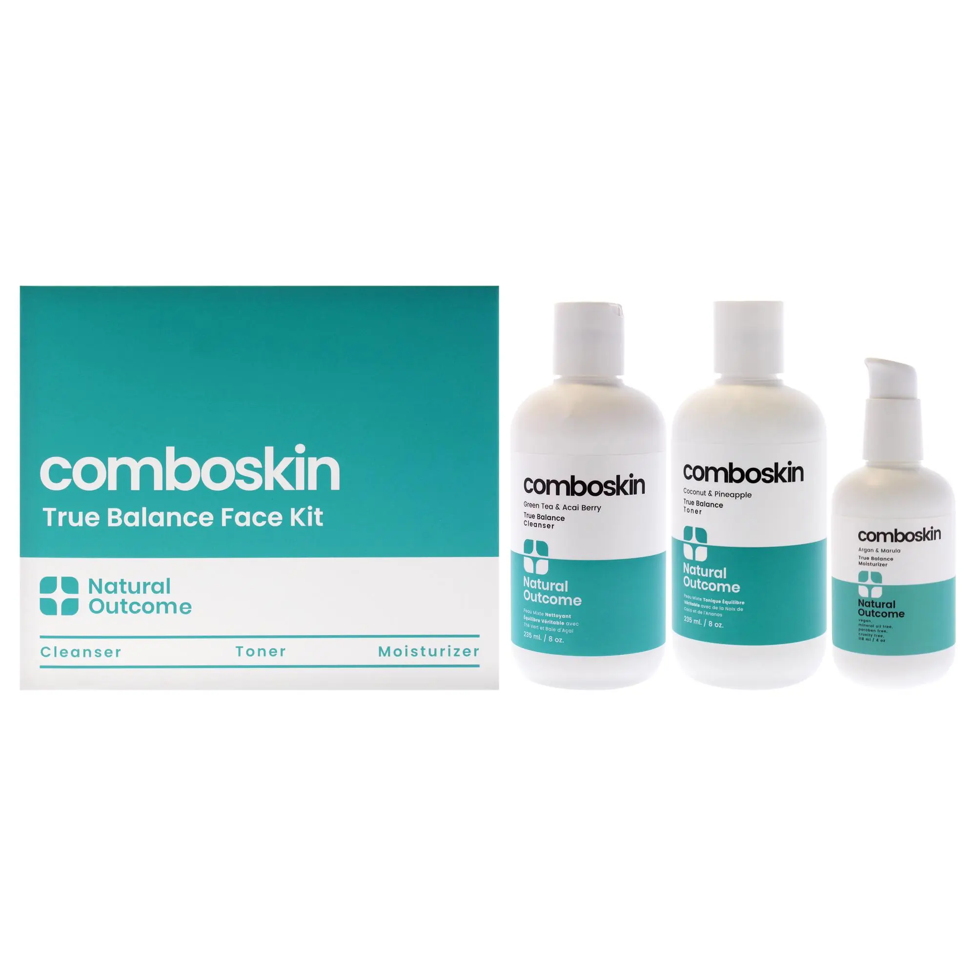 Combination True Balance Face Kit by Natural Outcome for Women - 3 Pc 8oz Combination True Balance Cleanser, 8oz Combination True Balance Toner, 4oz Combination True Balance Moisturizer