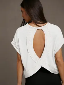 Open Back Workout T-Shirt, Casual Short Sleeve Loose Fit Tee, Gym Yoga Activewear Top, Athletic Gym Tops, Crisscross Back Design, Breathable Summer Top, TikTok Viral Trendy Athleisure