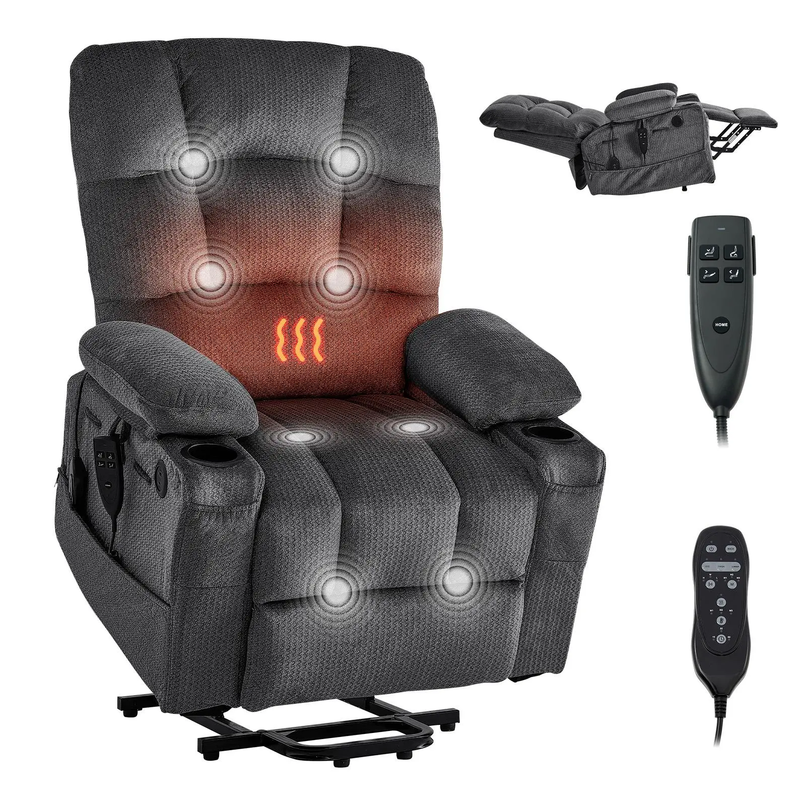 VEVOR Adjustable Dual-Motor Electric Power Lift Recliner Chair for Elderly, Velvet Fabric with Heat & Massage, Infinite Position, Storage Pockets, Cup Holders, Timer, USB Port, Remote, Automatic Power Off, Dark Gray, Heat & Mass.#SohoChic