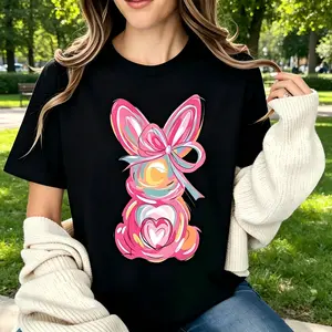 Women’s Soft Cotton Comfortable T‑Shirt | Cute Bunny Bow Heart Easter Casual Short Sleeve