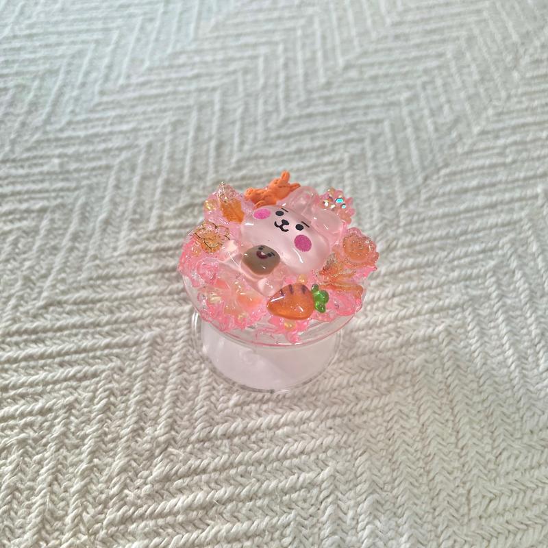 Handmade Decoden Pink Bunny Pop Socket K-pop Inspired Phone Grip Unique Design & Functional Stand for Smartphones Cellphones
