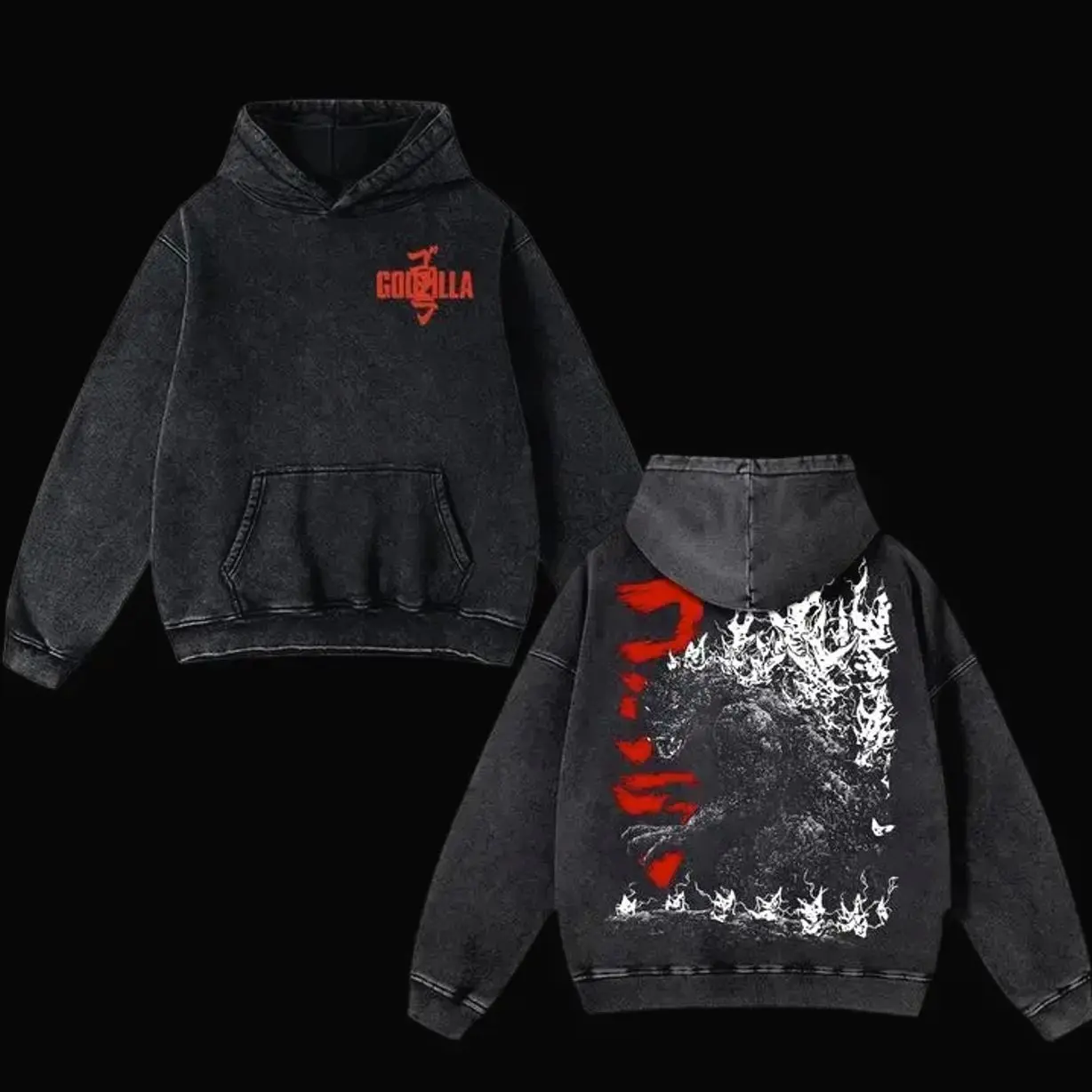 Godzilla Retro Vintage Oversized Washed Hoodie – Unisex Heavyweight Cotton Streetwear Pullover, Classic Movie Fan Hoodie, Gift for Men JGN ANM