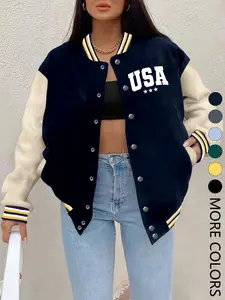 Women's Fall Winter New Baseball Jacket Coats, Long Sleeve Letter Print Casual Sporty Streetwear Fashion Fitted Outerwear Womenswear, Fitted Design, Hip Hop Style, Suitable for Daily Wear