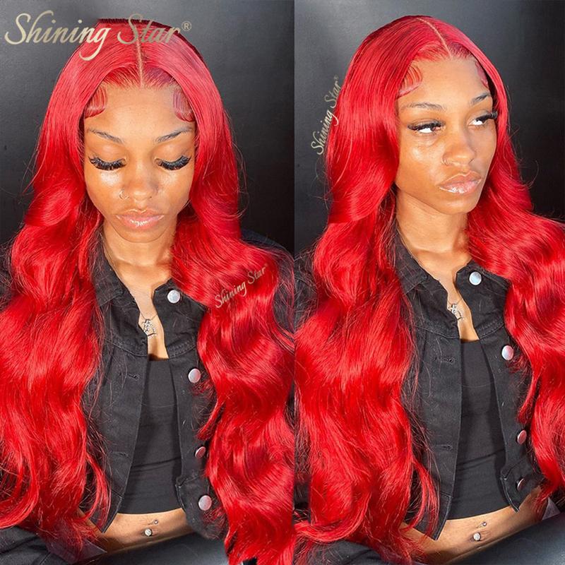ShiningStar Red Body Wave 13X1 HD Transparent Lace Front Human Hair Wigs for Women Colored Brazilian Deep Part Wig 28INCH