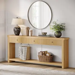 LITTLE TREE Wood Console Table with Drawers, Long Entryway Table, 70.9 inch Sofa Table Oak Furniture with Open Storage Shelves Wooden Couch Table Foyer Tables for Living Room Hallway Hall Entrance, Entry Table
