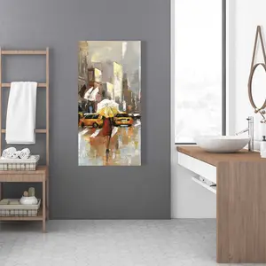 Begin Home Decor C1RC24480PT3AH 24 x 48 in. People with Umbrellas Walking Across The Street - Beige Canvas