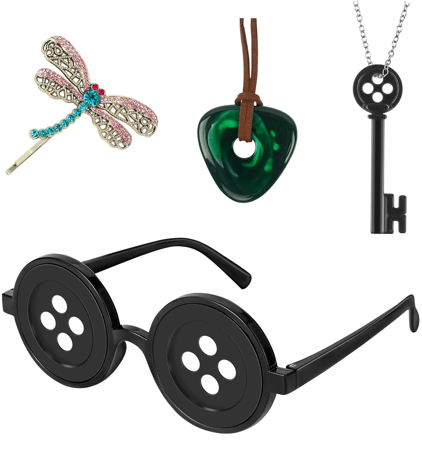 Magical Whimsical 4-Piece Fantasy Fashion Accessory Set - Lightweight Black Button Eyes Glasses, Vintage Key Necklace, Dragonfly Hair Clip, Green Stone Pendant - Novelty Props for Halloween, Cosplay
