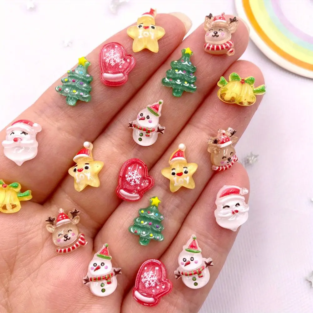 30pcs Mixed Resin Mini Colorful Christmas Snowman Tree Santa Claus Star Deer Snowflake Gloves Bell Figurines Flat back Rhinestone  Art Decor DIY Scrapbook Jewelry Crafts Accessories Diy Accessories Set