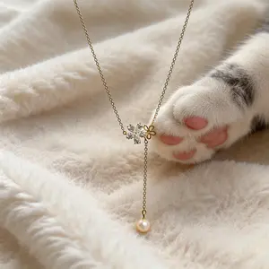 Women's Dainty Gold-Laminated Flower Pearl Zircon Lariat Necklace, Adjustable Thin Chain, Flower Charms, Sparkling Gemstones - Summer Daily Wear Fashion Costume Jewelry Accessory, Flower Charms Necklaces, Gold-Laminated Necklaces