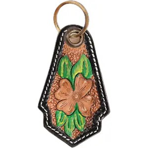 Cowhide hand tooled leather key chain keyring
