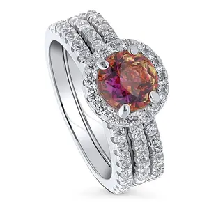 BERRICLE Sterling Silver Halo Kaleidoscope Engagement Rings Statement Stackable Band for Women, Red Orange Round Cut Cubic Zirconia CZ Ring Set