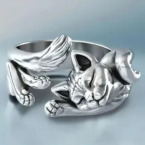 Sterling Silver Adjustable Open Cat Ring Vintage Cute Animal Design Stylish Band For Women Daily And Party Wear