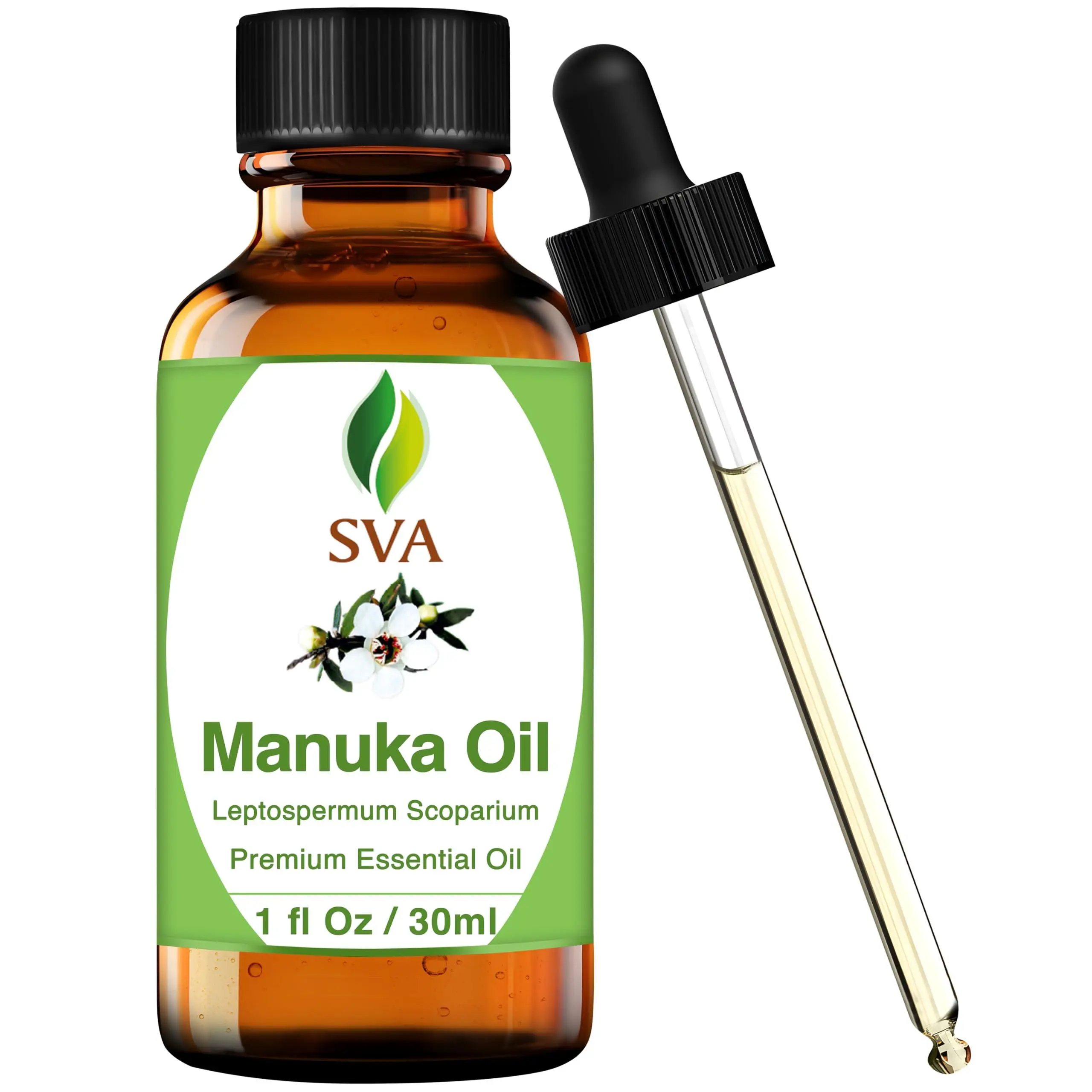 SVA 100% Natural Botanical Manuka Scented Body Oil Moisturizer - 1 Fl Oz (30ml) Therapeutic Dropper-Included Option, 24-Month Shelf Life, Aromatherapy Diffuser Use for Normal Skin Care