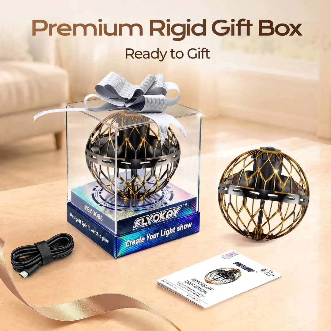 FLYOKAY Upgraded Unisex Flying Orb Ball (6+ Years) - App-Controlled Custom LED Display, Photos, GIFs, Hover, Spin, Boomerang Modes, Includes Cells, Premium Gift Box, Unique Holiday & Party Gift