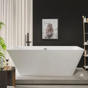 66" Glossy White Freestanding Acrylic Bathtub – Modern Soaking Tub with Matte Drain & Black Overflow, CUPC Certified, Double-Walled Insulation & Deep Ergonomic Shape