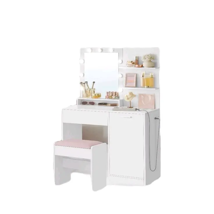 Women's Makeup Vanity Desk - Compact & Functional Beauty Enthusiast Vanity for Makeup Application Manicures & Small Workspace Set with LED Bulbs and Stool