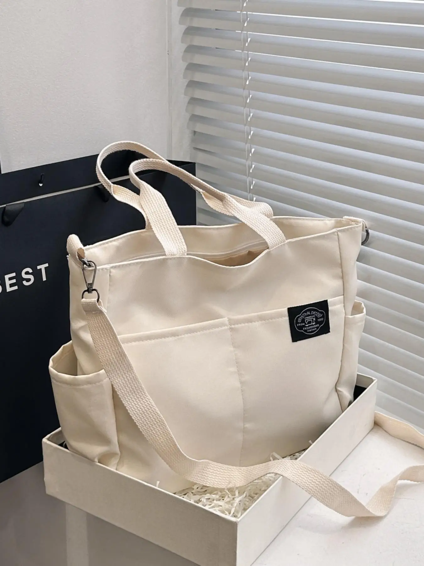 Women's Solid Color Patched Tote Bag With Adjustable Strap, Large Capacity Commuting Carrying Bag College Style Student Outfit Book Shoulder Bag