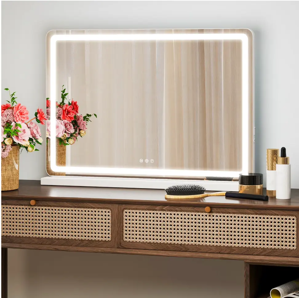 22"x32" LED Vanity Mirror with Lights, Dimmable 3-Color Modes, Touch Screen Makeup Mirror for Dressing Table, White Square Design