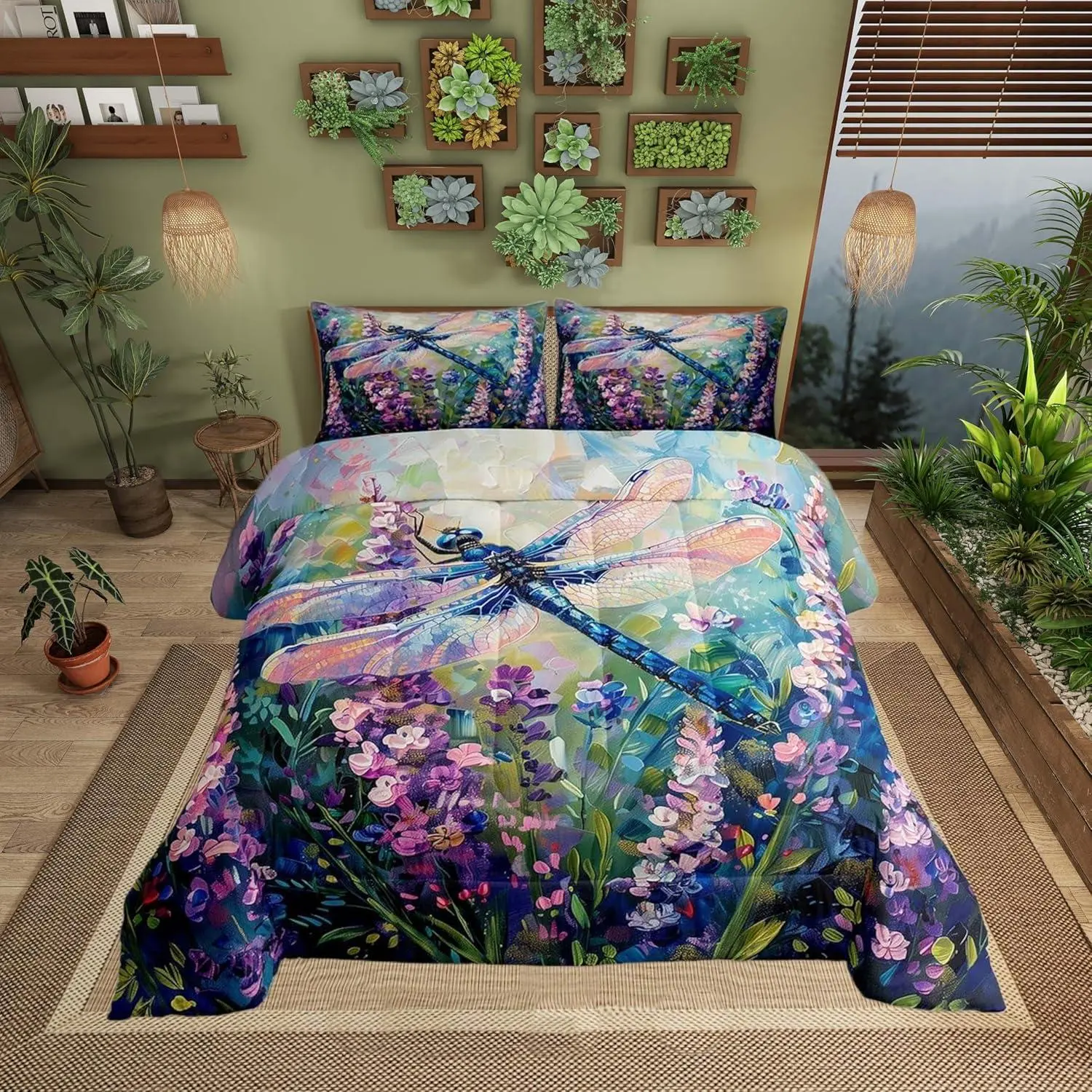 Garden Dragonfly Bedding Sets,Watercolor Lavender Purple Flowers Comforter Set Adults,Oil Painting Style Dreamy Rustic Style Quilted Comforter