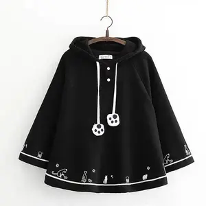 Japanese Ponchos Fall Winter Clothing Cute Jackets for Women Cat Ears Hooded Oversized Coats Y2k Tops Fashion Sweet Capes 49C648 Sweatshirts Womenswear Gamis Black Casual Long Sleeve