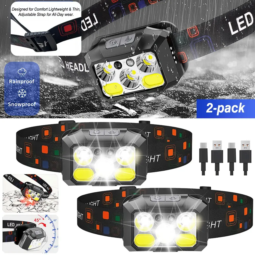 2-Pack Waterproof Headlamp, USB Rechargeable LED High Lumen Flashlight, Motion-Activated Adjustable Waterproof Headlight Flashlight for Camping & Hiking, Adjustable Waterproof Flashlight
