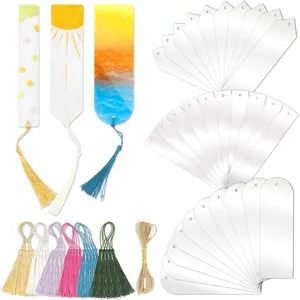 Acrylic Blank Bookmarks Bulk 61PCS 3 Shapes Clear Plastic with 6 Color Tassels & Twine for Vinyl DIY Craft