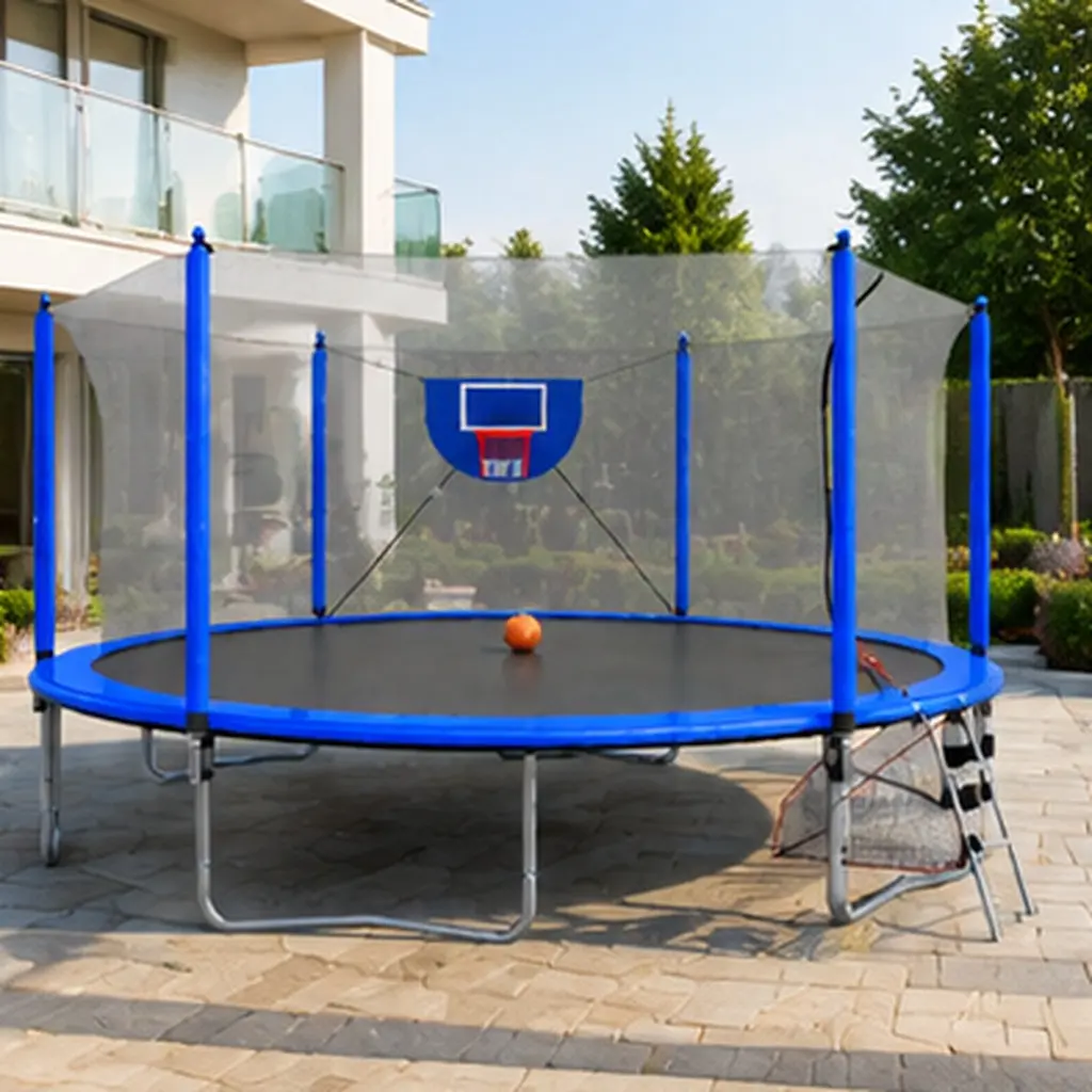 16FT All-in-1 Play Set Bouncy Outdoor Trampoline - Blue Steel Frame, W-Shaped Legs, Inner Safety Net, Basketball Hoop, Soccer Goal, Pump, Ladder, High Bounce Performance, Large Size for Kids Backyard Fun, 192.13Wx192.13Dx106.32H in
