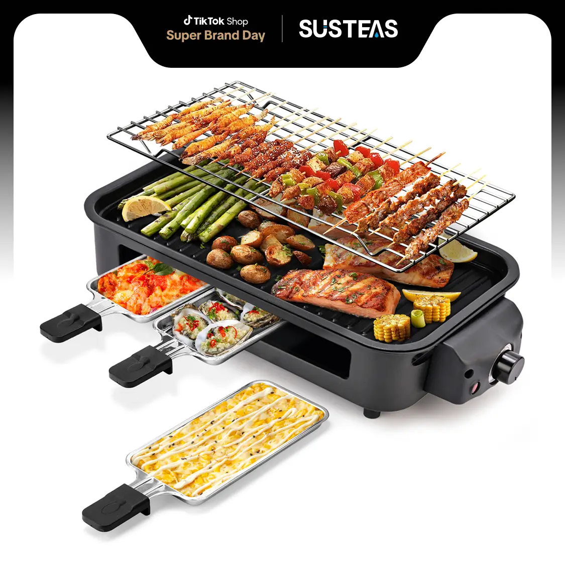 Pukomc Indoor Smokeless Grill 1500W with Non-Stick Cooking Removable Plate, Dishwasher Safe, Suitable for Grilling, Roasting & Frying