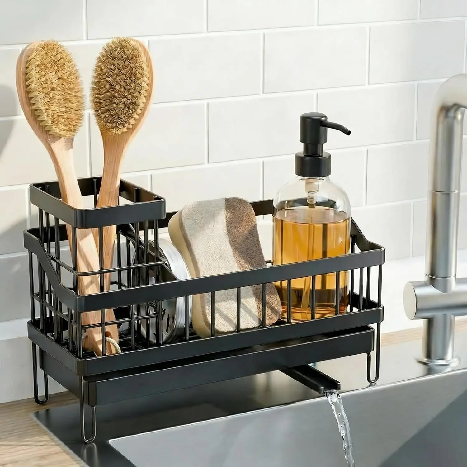 Sink Caddy with 360° Rotating Self Draining, Countertop Sponge Holder, Sink Side Organizer for Bottle Brushes, Sink Accessories for Kitchen, Bathroom - Black