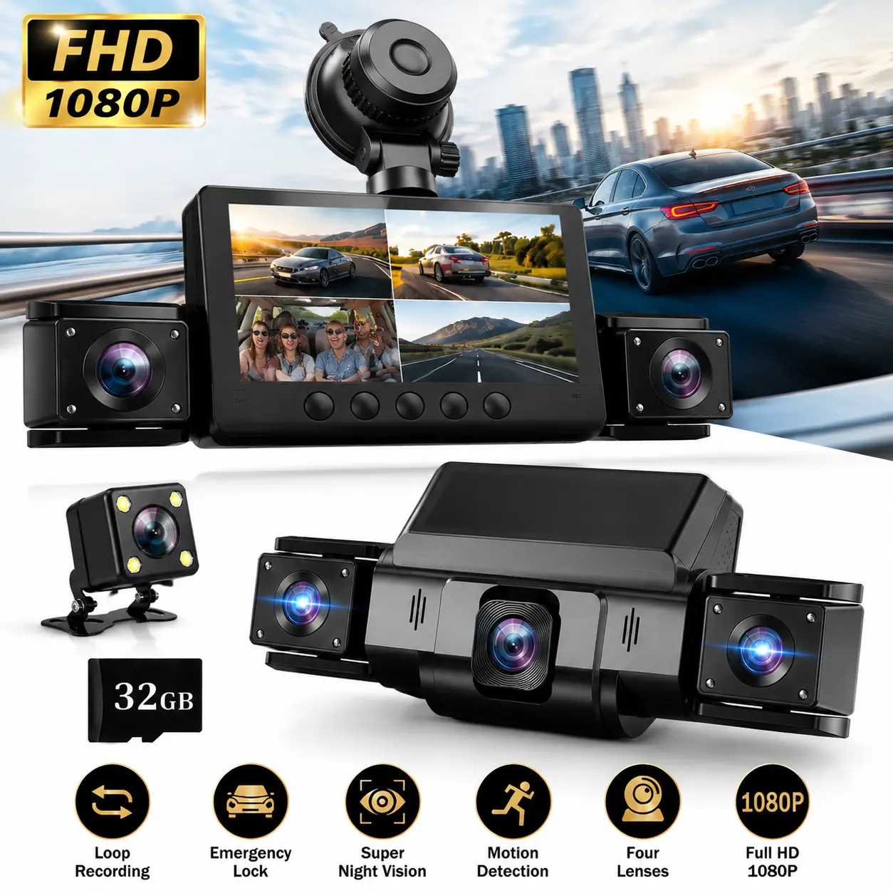 4-Channel Wi-Fi Automotive Dashcam with 32GB SD Card, 3" IPS Screen, Full HD 1080p, Enhanced Night Vision, GPS, Parking Mode, Loop Recording, Stable Shell, Multi-Angle Car Camera Dashcam, Cars Accessories for Driving Safety