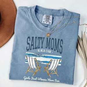 Comfort Colors Salty Moms Beach Club TShirt For Beach Club Moms Summer Vibes Cotton Graphic Casual Short Sleeve T-shirt, Apparel Made In The USA		