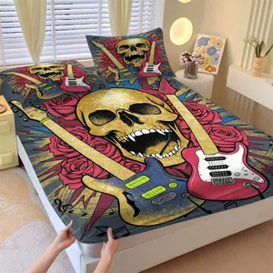 Band Element Hip-Hop Skull Printed Fitted Sheet Set (2 Pillowcases), Soft and Comfortable, Ideal for Unique Gifting, Brightens Up Dull Bedroom Spaces