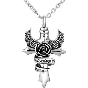 Cross Angel Wings Urn Necklace for Ashes in Loving Memory Dad Mom Grandma Grandpa Brother Sister Uncle Aunt Son Cremation Keepsake Memorial Jewelry