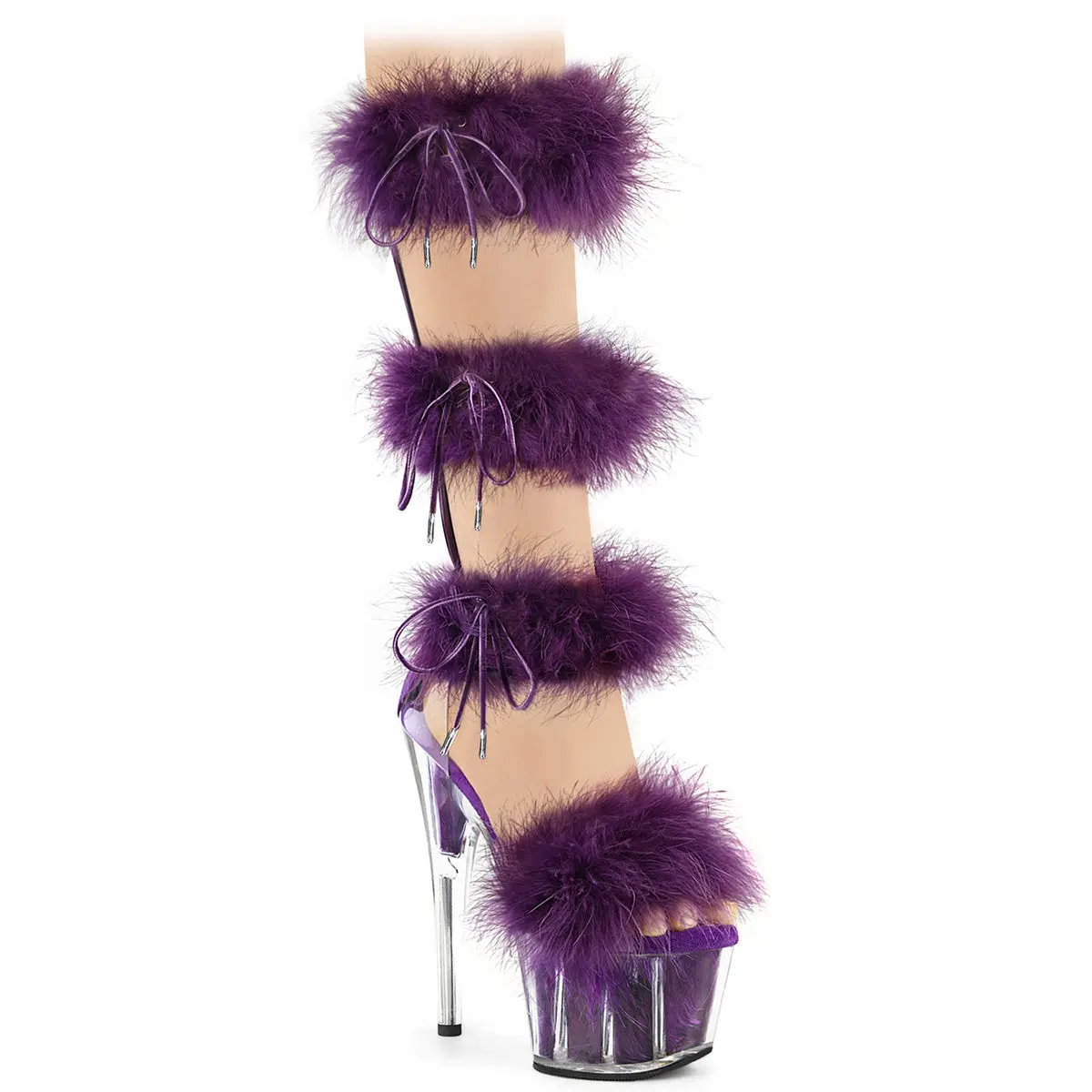 Pleaser High Heels Shoes for Women, Elegant Marabou Fur-Accented Heeled Sandals for Evening Party with Side Lacing and Back Zip, Evening Party Shoes, Elegant Party Heels