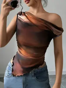 1 Spring Summer Ombre Gradient One Shoulder Crop Top Women | Off Shoulder Ruched Asymmetrical Hem Sheer Mesh Top | Y2K Baddie Style for Date Night Club Festival Wear