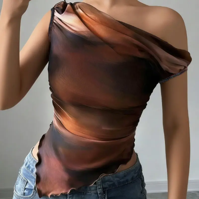 Women's Summer Ombre One Shoulder Crop Top, Ruched Asymmetrical Hem Design Sheer Mesh Top, Y2K Baddie Style, Ideal for Date Night, Club and Festival Wear
