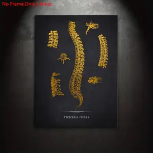 1 Piece/Set Frameless Canvas Painting Print Poster,Classic Retro Minimalism Educational Pop Art,Anatomy Charcoal Bg Gold Vertebral Column,Perfect Gift for Medical Enthusiasts,Bedroom,Study,Office,Living Room,Dorm Hallway,Mural,Wall Decoration,Room Decor